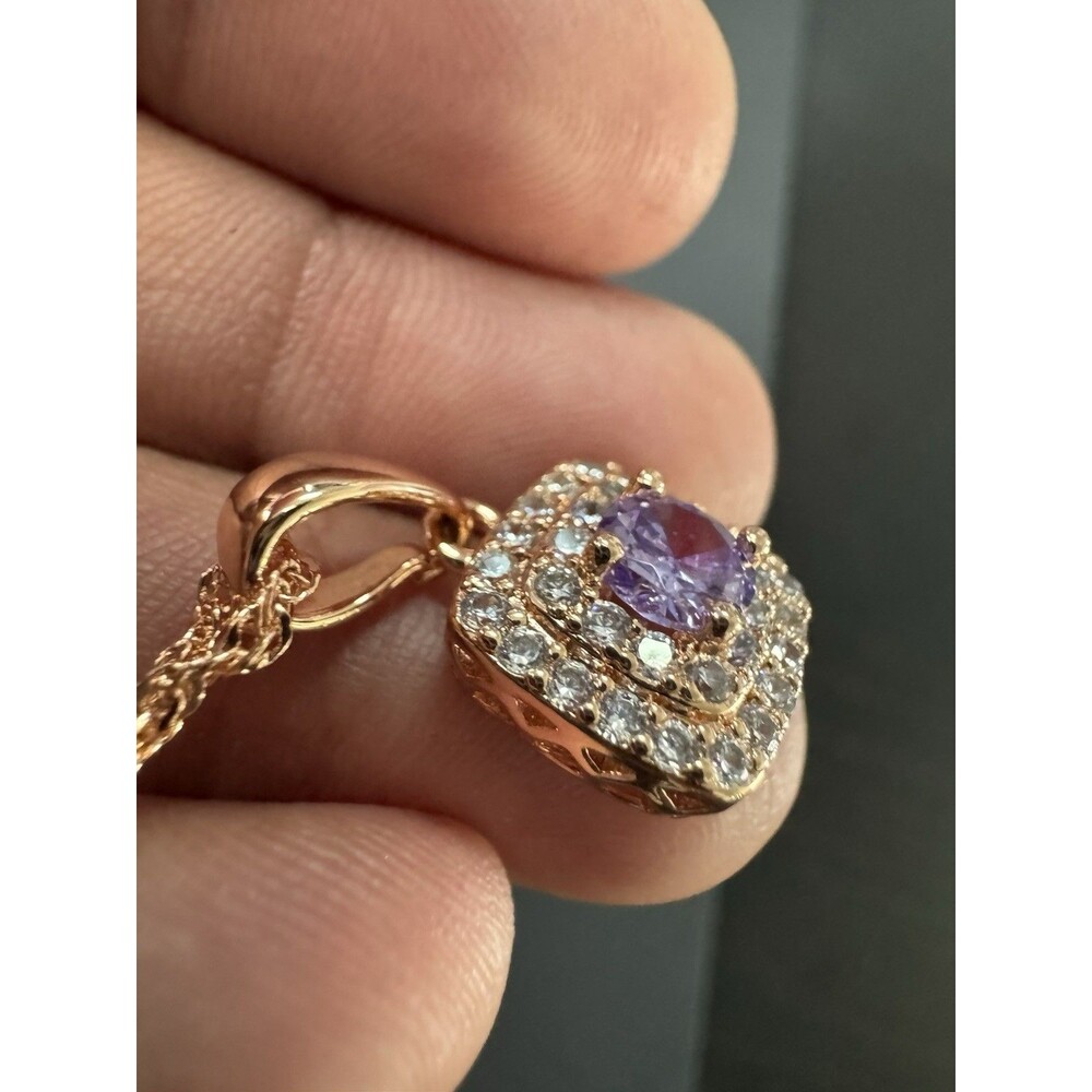 585 14K RG Stamped Rolled Gold Purple Crystal Square Pendant 19” Necklace Chain - Picture 3 of 7